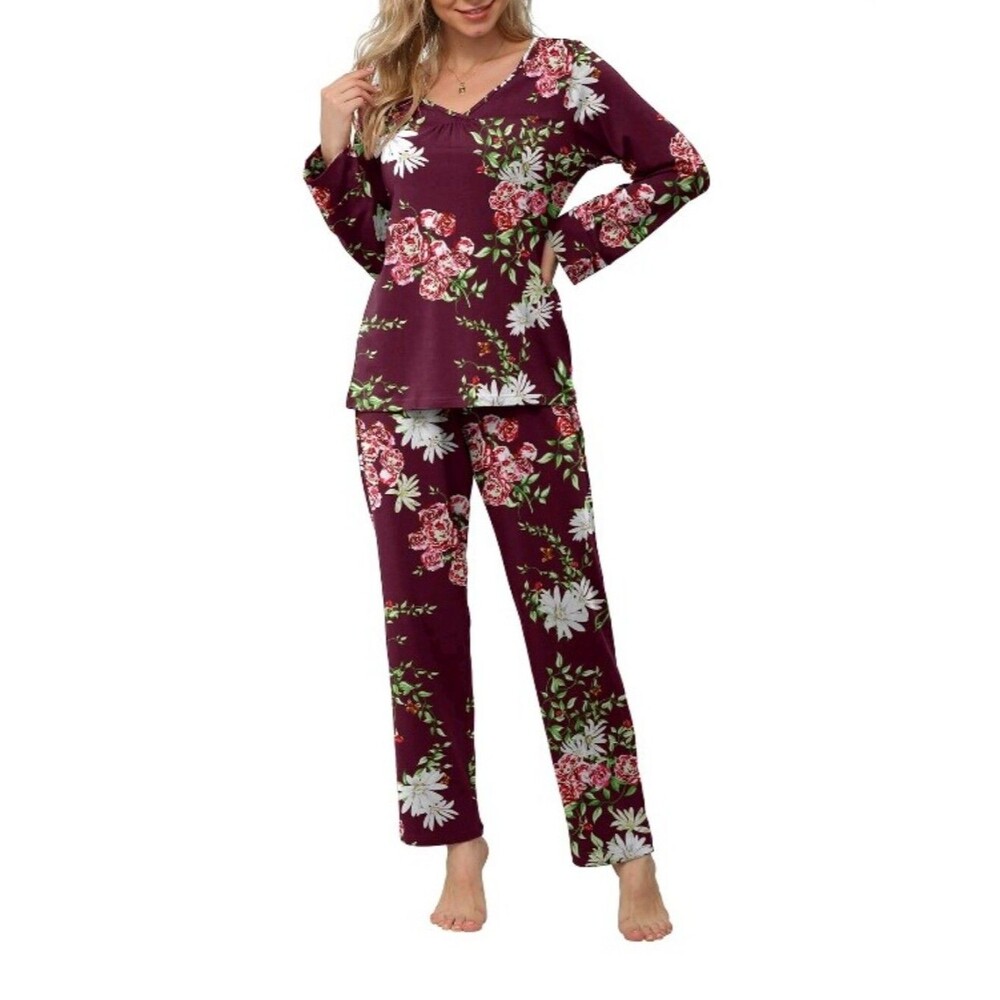 Anygrew Burgundy Floral V-Neck Pajama Set Size XXL NWT